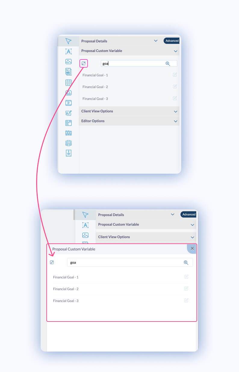 Proposal Editor - Result for Search Custom Fields with Expanded Popup