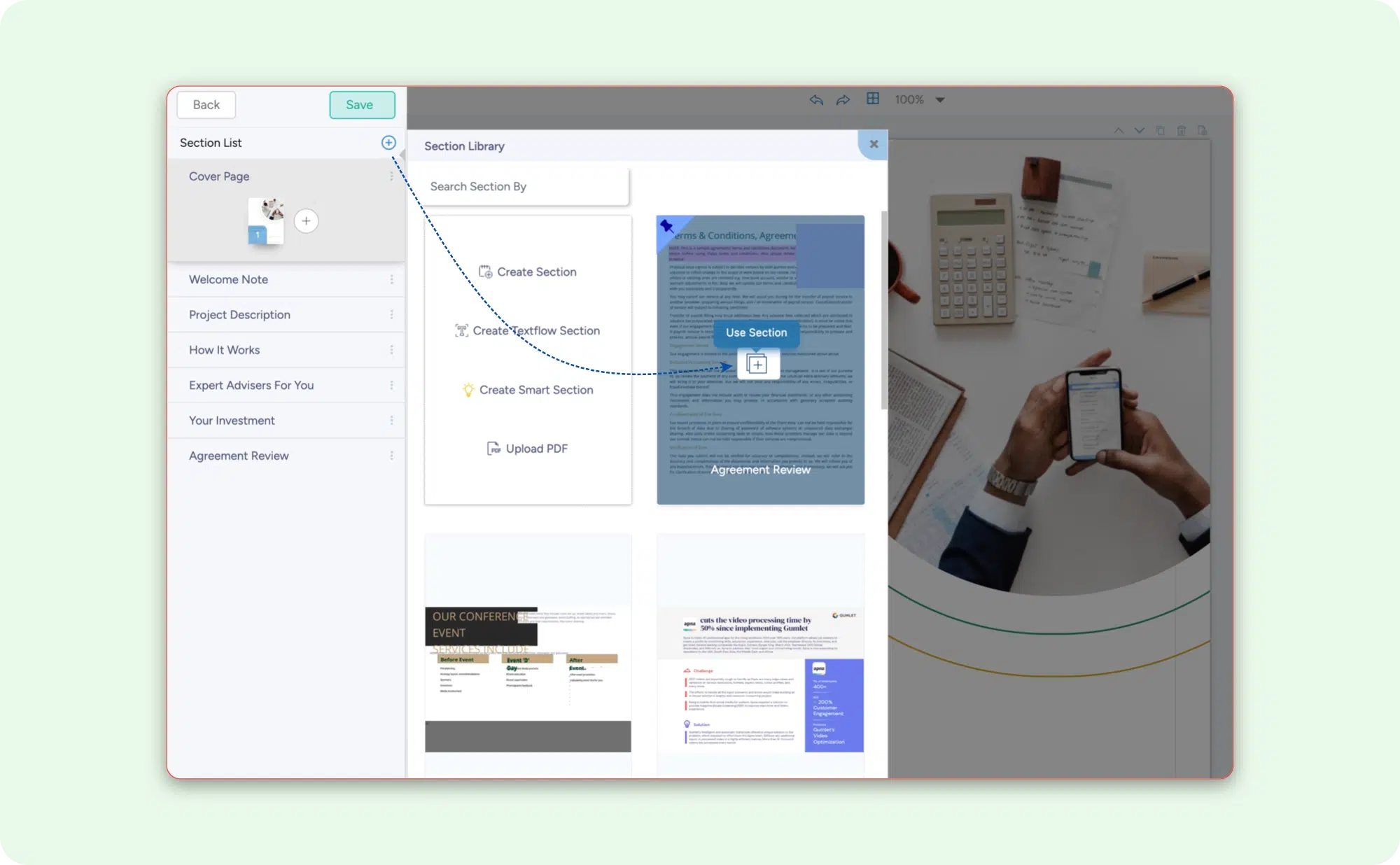 Auto-navigate to section added from Library - Fresh Proposal software update May25