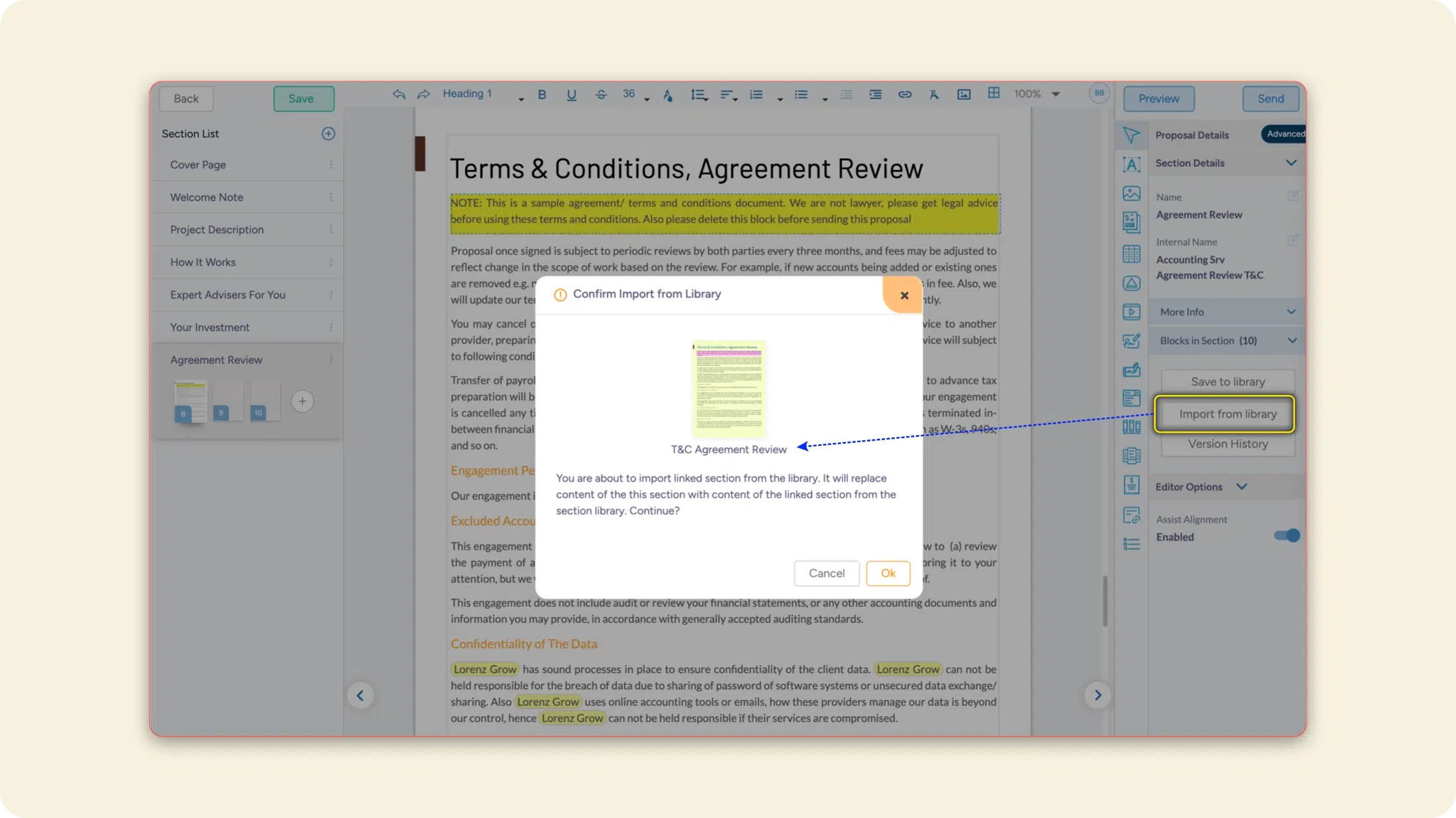 Import Section from Library - Displaying Clear Details - Fresh Proposal software update May25