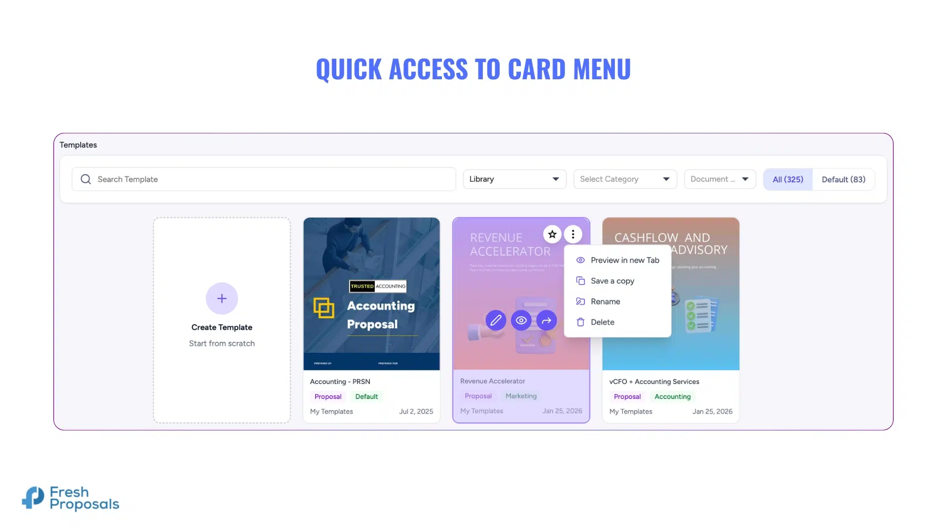 Fresh Proposal Software - Quick Access to Template Card Menu