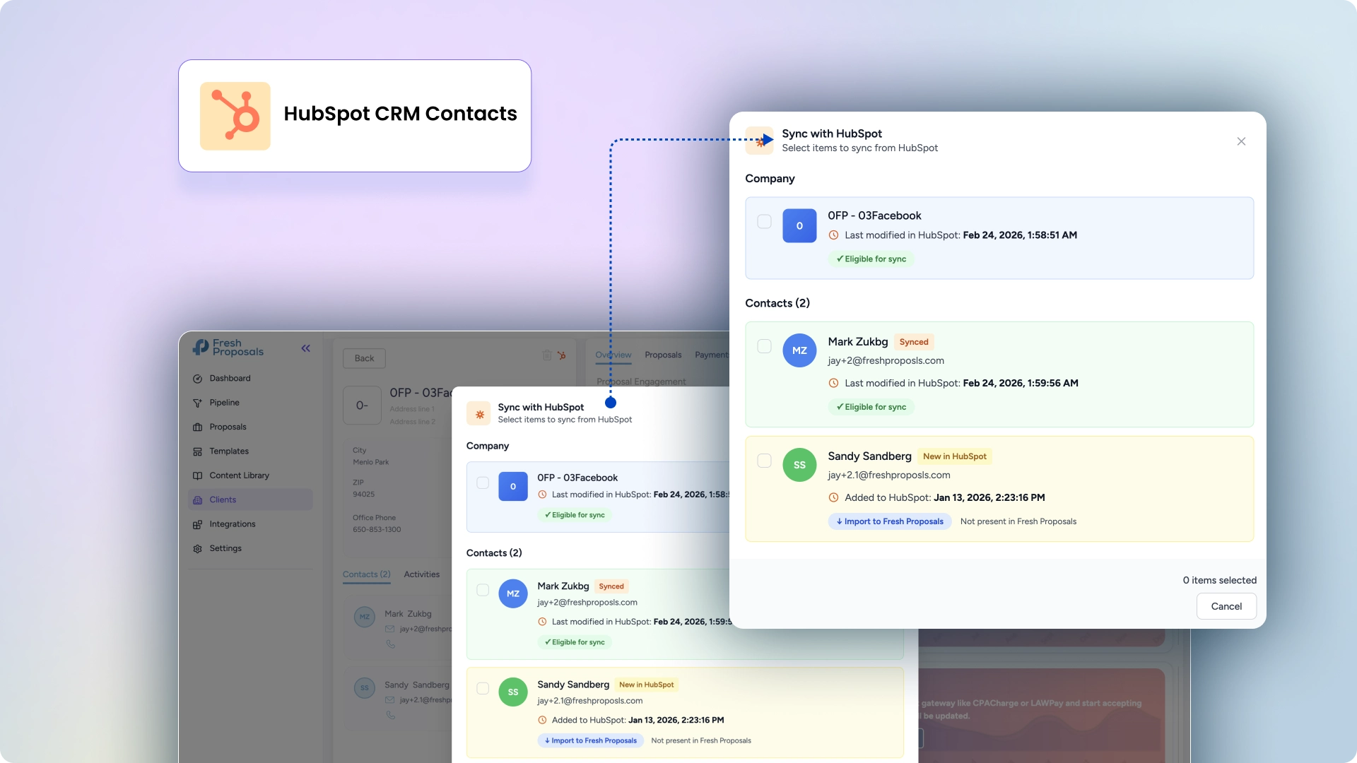 Fresh Proposal Software Update - HubSpot CRM Sync Contact Pop